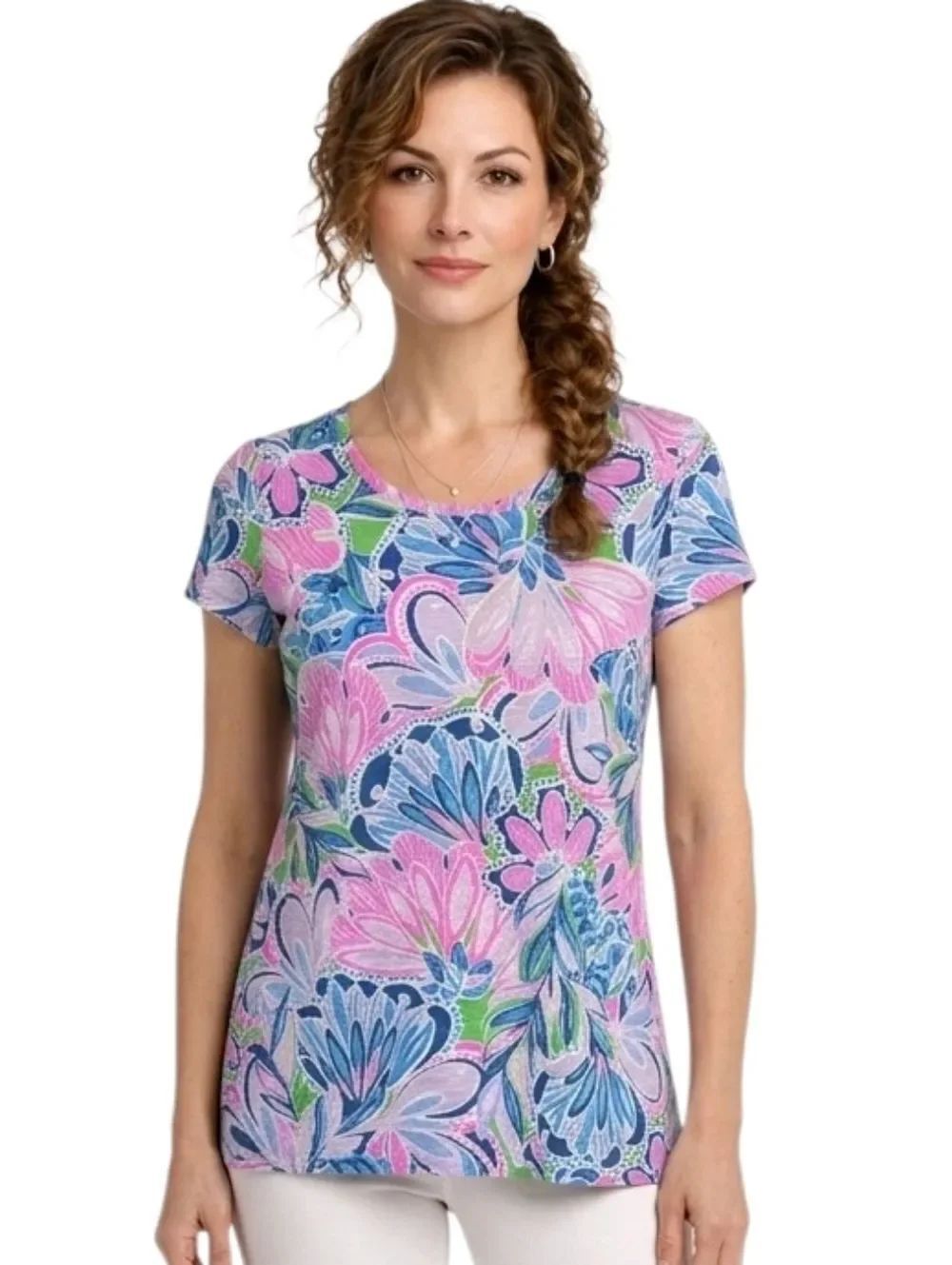 Lilly Pulitzer Etta Blue & Pink Floral Print Scoop Neck Tee Size XS
